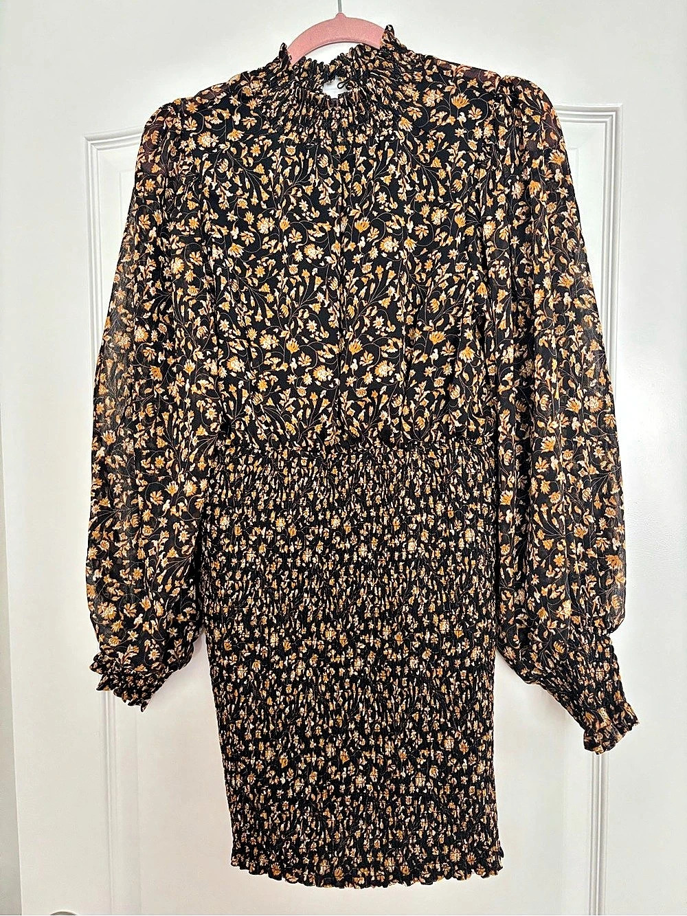 MINKPINK Floral Smocked Mini Dress in Black & Gold Size Medium